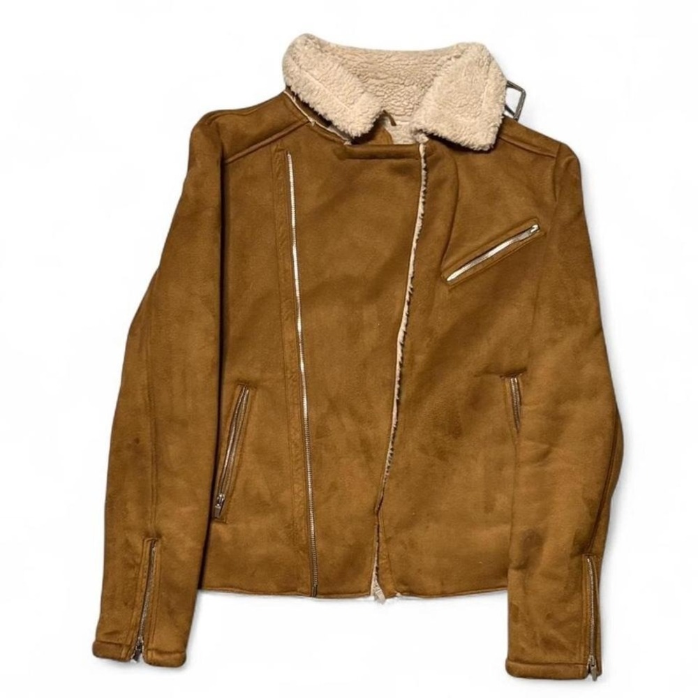 Vintage Zara Brown suede leather jacket with fur collar and zipper WOMEN SIZE M